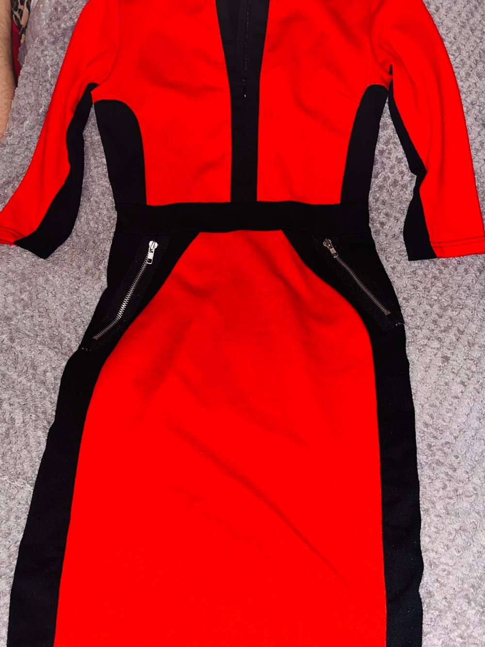 Red & Black Long-Sleeve Colorblock Sheath Dress with Zip Detail